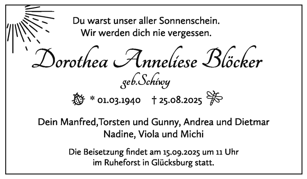  Traueranzeige für Dorothea Anneliese Becherer vom 06.09.2025 aus Flensburger Tageblatt