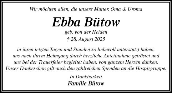 Traueranzeige von Ebba Bütow von MARKT Ratzeburg/Mölln