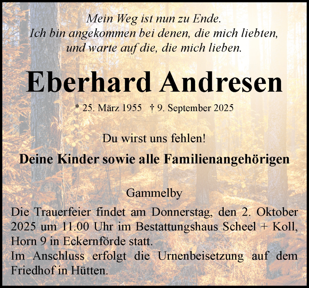 Traueranzeige für Eberhard Andresen vom 27.09.2025 aus Eckernförder Zeitung, Hallo Eckernförde