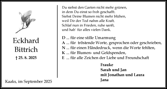 Traueranzeige von Eckhard Bittrich von Norddeutsche Rundschau, Wilstersche Zeitung, Glückstädter Fortuna