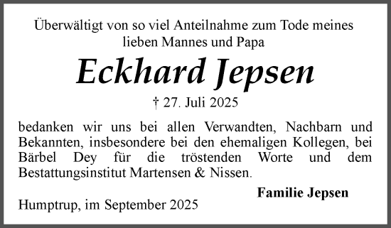Traueranzeige von Eckhard Jepsen von Husumer Nachrichten, Nordfriesland Tageblatt