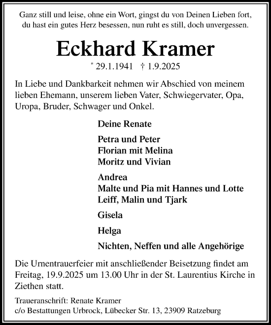 Traueranzeige von Eckhard Kramer von MARKT Ratzeburg/Mölln