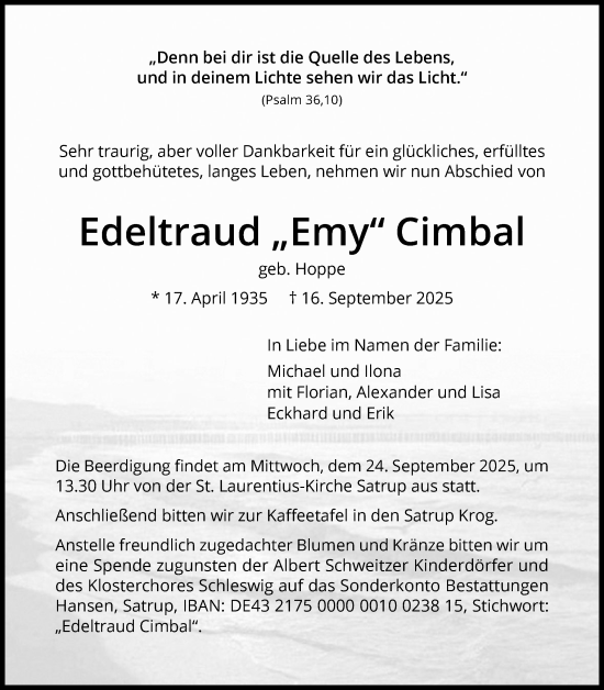 Traueranzeige von Edeltraud Cimbal von Flensburger Tageblatt