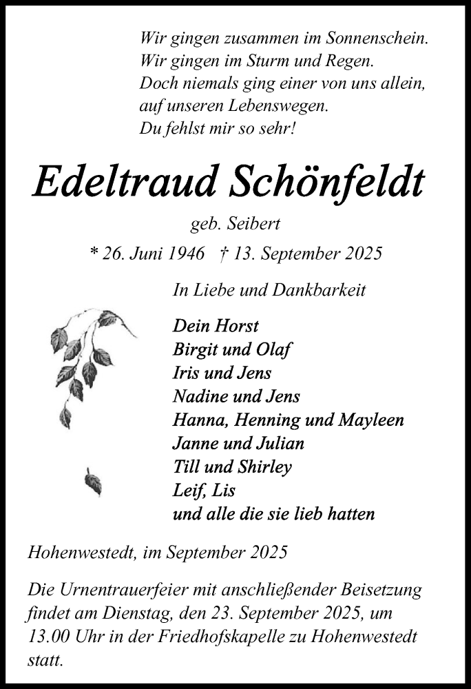  Traueranzeige für Edeltraud Schönfeldt vom 20.09.2025 aus Schleswig-Holsteinische Landeszeitung