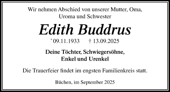 Traueranzeige von Edith Buddrus von Wochenend Anzeiger