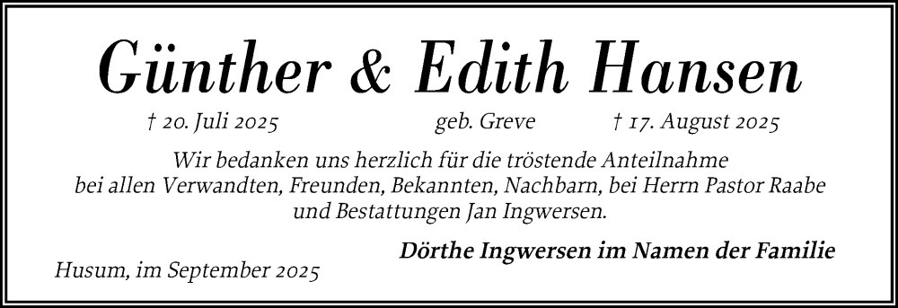  Traueranzeige für Edith Hansen vom 20.09.2025 aus Husumer Nachrichten, Nordfriesland Tageblatt
