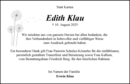 Traueranzeige von Edith Klau von Flensburger Tageblatt