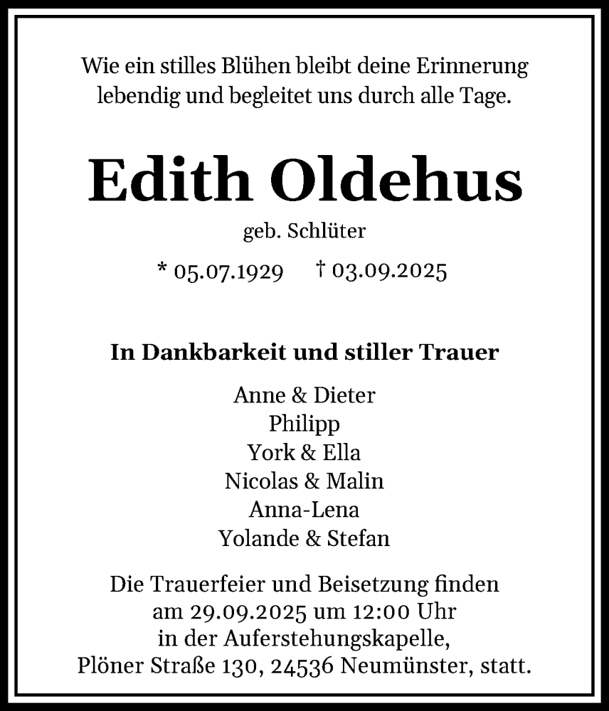  Traueranzeige für Edith Oldehus vom 13.09.2025 aus Holsteinischer Courier