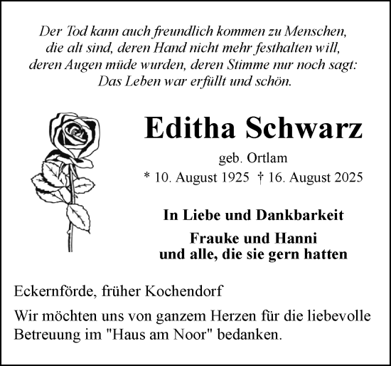 Traueranzeige von Editha Schwarz von Eckernförder Zeitung, Hallo Eckernförde
