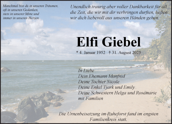 Traueranzeige von Elfi Giebel von MARKT Ratzeburg/Mölln