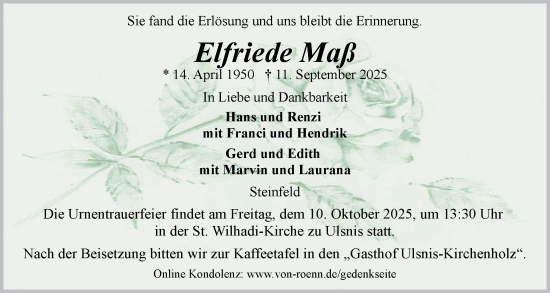 Traueranzeige von Elfriede Maß von Flensburger Tageblatt, Schleswiger Nachrichten, Schlei-Bote