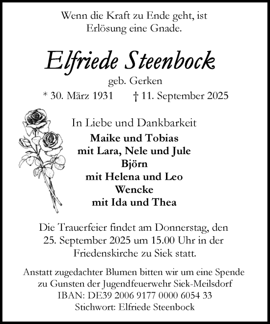 Traueranzeige von Elfriede Steenbock von MARKT Ahrensburg/Bargteheide/Trittau und Stormarner Tageblatt