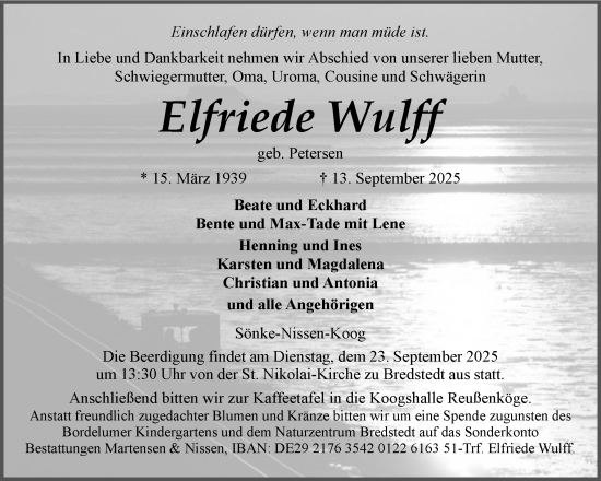 Traueranzeige von Elfriede Wulff von Husumer Nachrichten, Nordfriesland Tageblatt