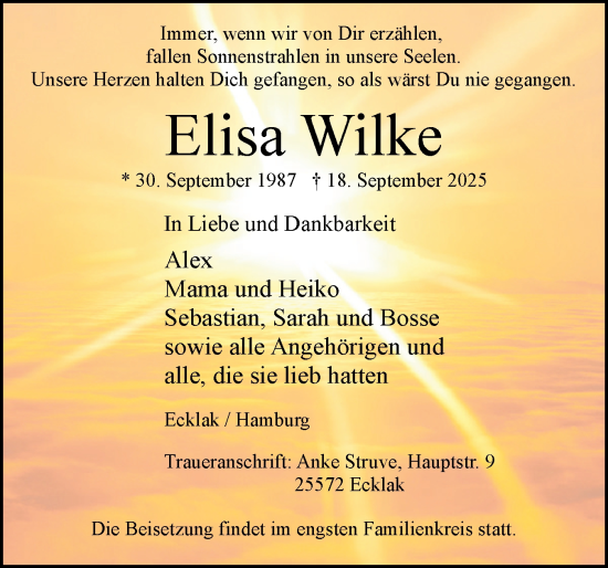 Traueranzeige von Elisa Wilke von Norddeutsche Rundschau, Wilstersche Zeitung, Glückstädter Fortuna