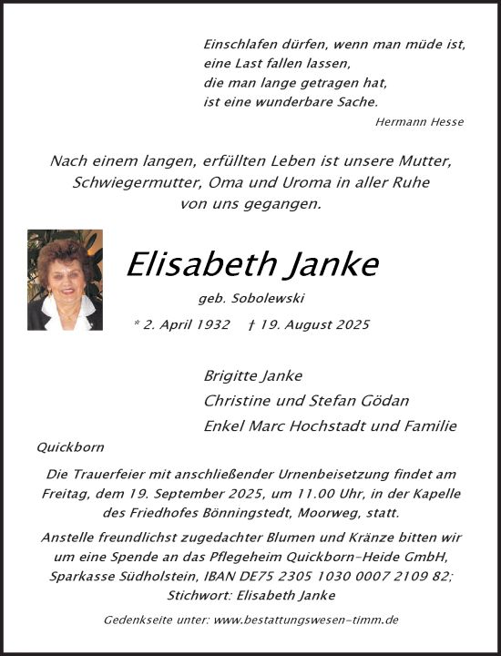 Traueranzeige von Elisabeth Janke von Umschau