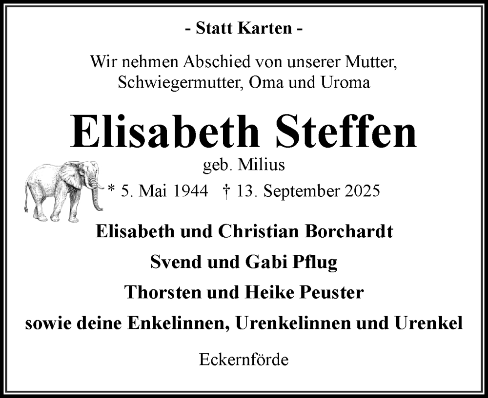  Traueranzeige für Elisabeth Steffen vom 27.09.2025 aus Eckernförder Zeitung, Hallo Eckernförde