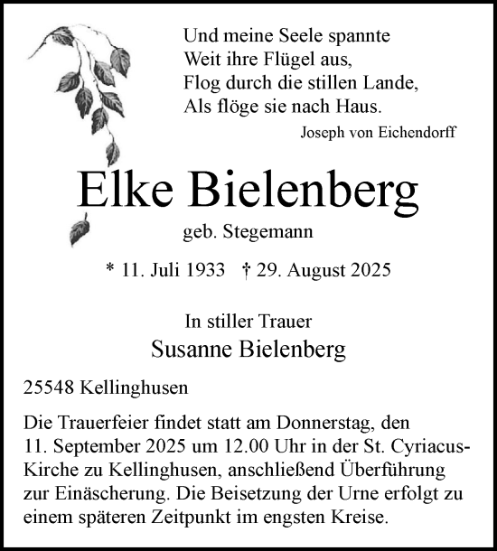 Traueranzeige von Elke Bielenberg von Norddeutsche Rundschau, Wilstersche Zeitung, Glückstädter Fortuna