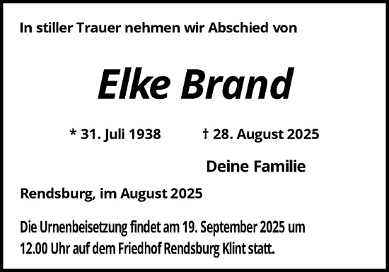 Traueranzeige von Elke Brand von Schleswig-Holsteinische Landeszeitung