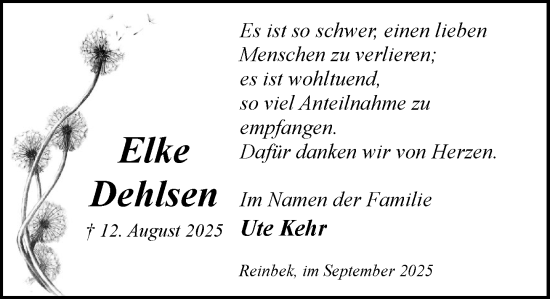 Traueranzeige von Elke Dehlsen von MARKT Glinde/Reinbek
