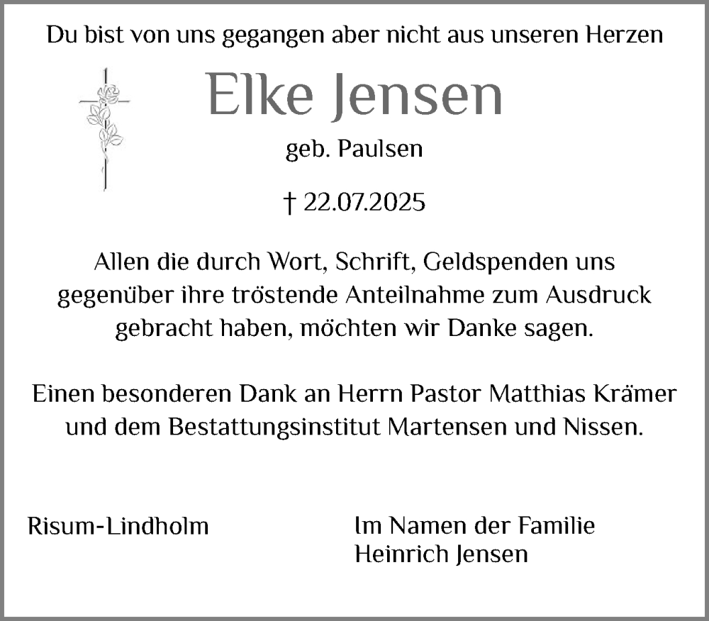  Traueranzeige für Elke Jensen vom 26.09.2025 aus Husumer Nachrichten, Nordfriesland Tageblatt