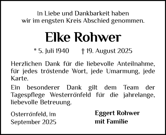 Traueranzeige von Elke Rohwer von Schleswig-Holsteinische Landeszeitung