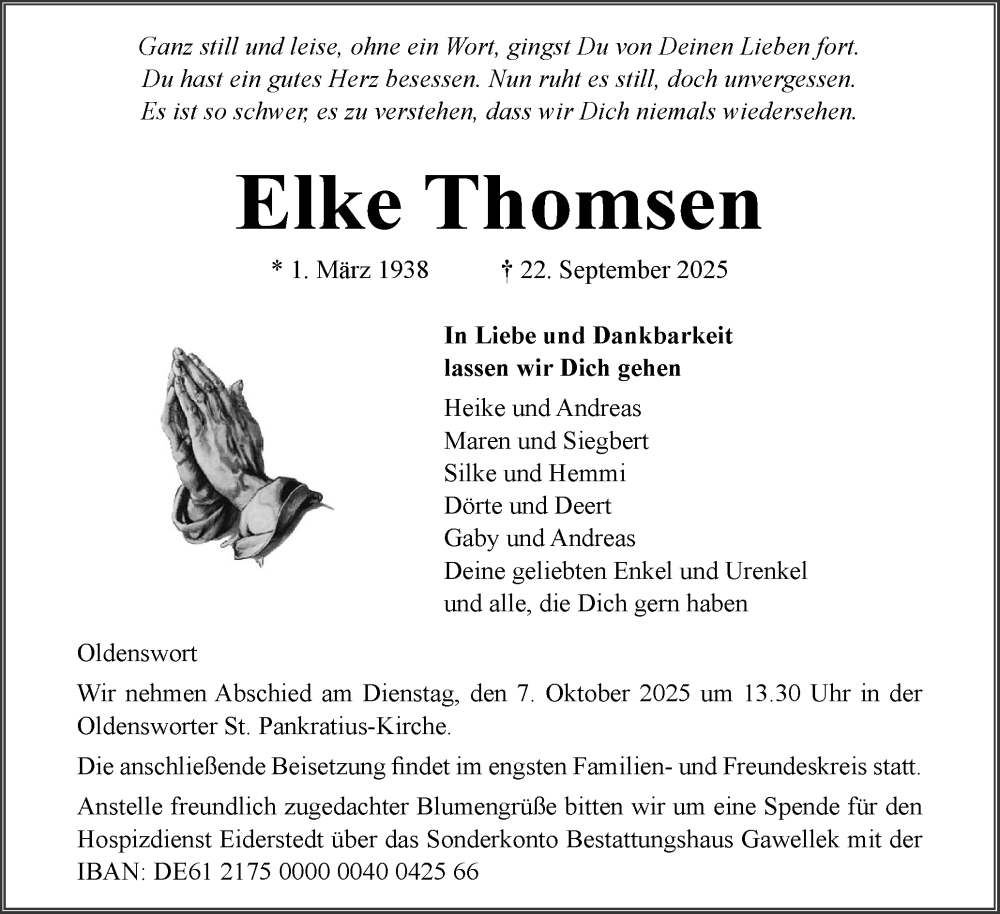  Traueranzeige für Elke Thomsen vom 01.10.2025 aus Husumer Nachrichten, Nordfriesland Tageblatt
