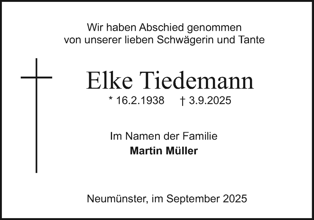  Traueranzeige für Elke Tiedemann vom 20.09.2025 aus Holsteinischer Courier