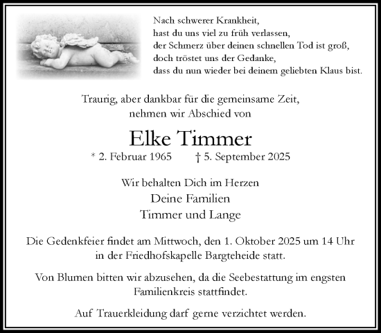 Traueranzeige von Elke Timmer von MARKT Ahrensburg/Bargteheide/Trittau und Stormarner Tageblatt