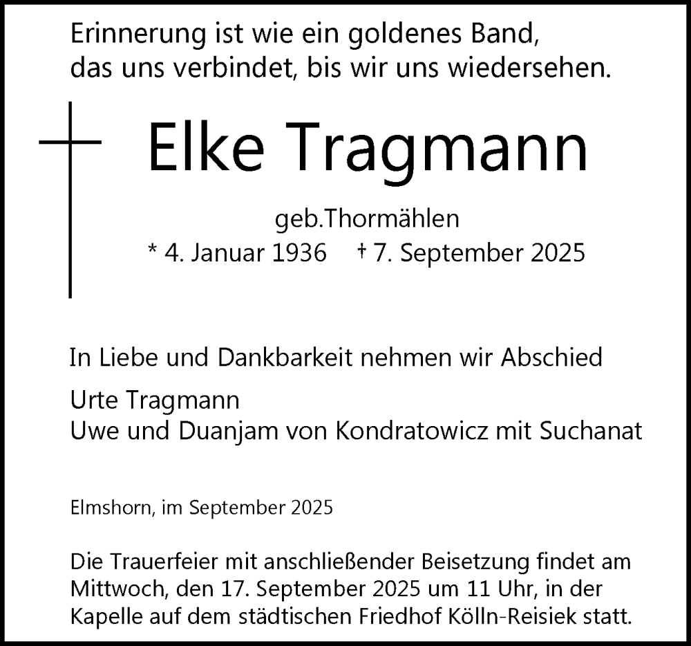  Traueranzeige für Elke Tragmann vom 13.09.2025 aus Elmshorner Nachrichten, Barmstedter Zeitung