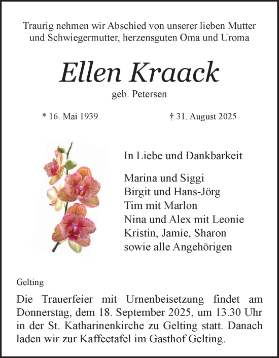 Traueranzeige von Ellen Kraack von Flensburger Tageblatt, Schleswiger Nachrichten, Schlei-Bote
