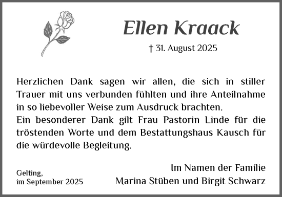 Traueranzeige von Ellen Kraack von Flensburger Tageblatt, Schleswiger Nachrichten, Schlei-Bote