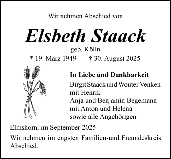 Traueranzeige von Elsbeth Staack von Elmshorner Nachrichten, Barmstedter Zeitung
