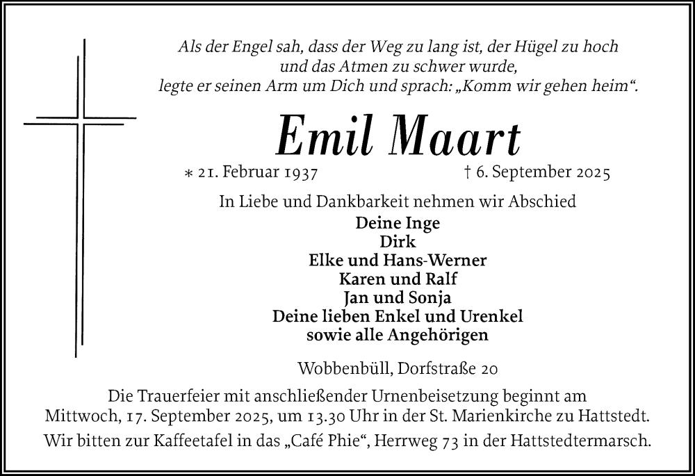  Traueranzeige für Emil Maart vom 11.09.2025 aus Husumer Nachrichten, Nordfriesland Tageblatt