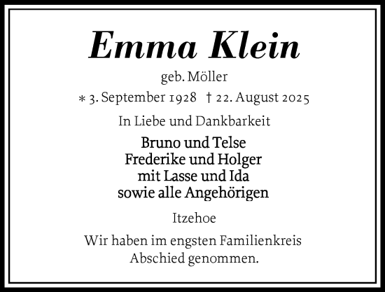Traueranzeige von Emma Klein von Norddeutsche Rundschau, Wilstersche Zeitung, Glückstädter Fortuna