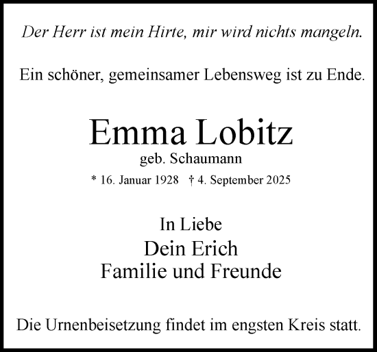 Traueranzeige von Emma Lobitz von Uetersener Nachrichten, Der tip am Wochenende