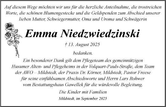 Traueranzeige von Emma Niedzwiedzinski von Husumer Nachrichten, Nordfriesland Tageblatt