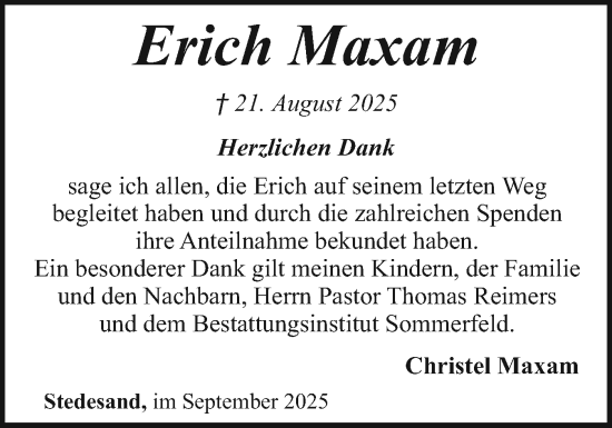 Traueranzeige von Erich Maxam von Husumer Nachrichten, Nordfriesland Tageblatt