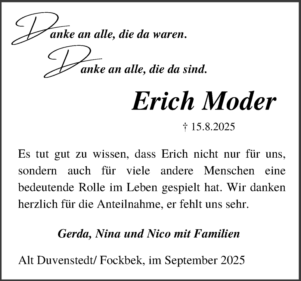  Traueranzeige für Erich Moder vom 20.09.2025 aus Schleswig-Holsteinische Landeszeitung