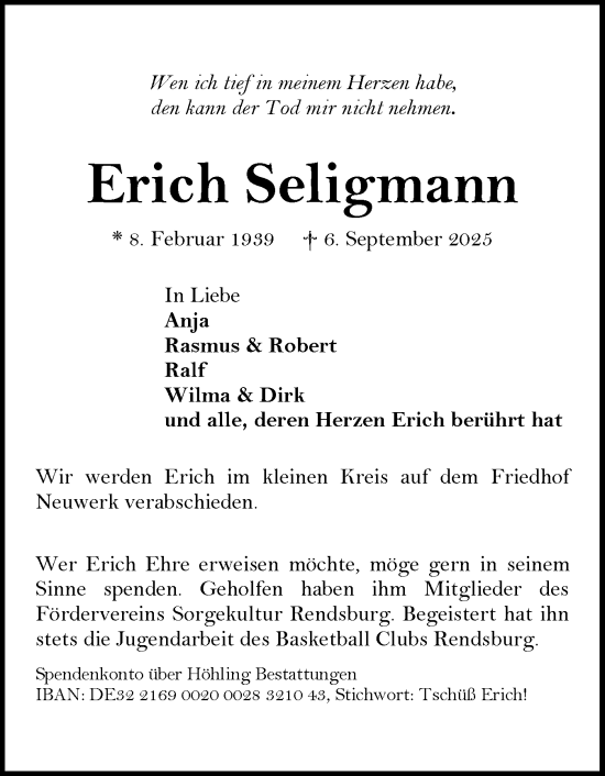 Traueranzeige von Erich Seligmann von Schleswig-Holsteinische Landeszeitung