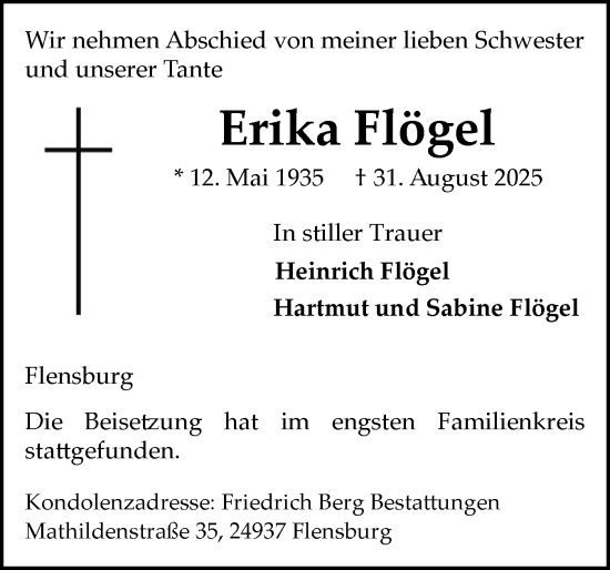 Traueranzeige von Erika Flögel von Flensburger Tageblatt