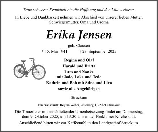 Traueranzeige von Erika Jensen von Husumer Nachrichten, Nordfriesland Tageblatt