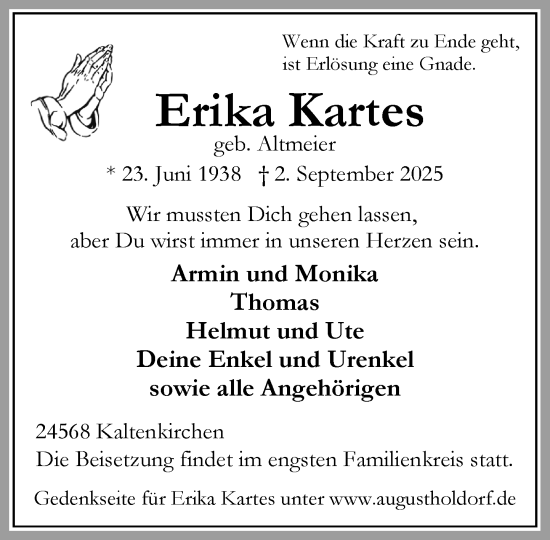 Traueranzeige von Erika Kartes von Umschau