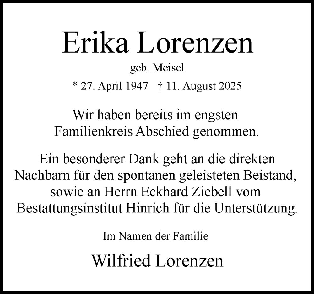  Traueranzeige für Erika Lorenzen vom 13.09.2025 aus Uetersener Nachrichten, Der tip am Wochenende