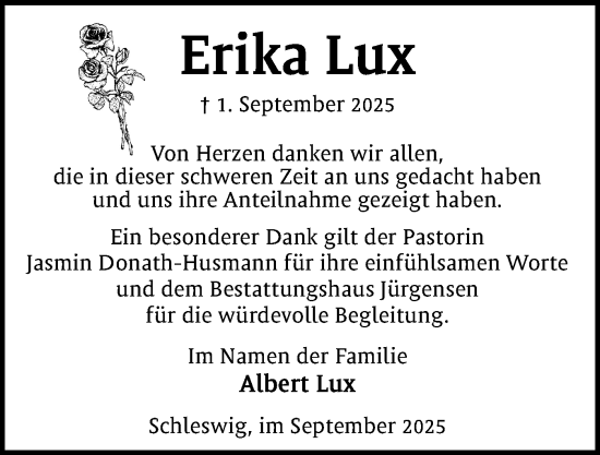 Traueranzeige von Erika Lux von Schleswiger Nachrichten, Schlei-Bote