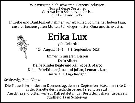 Traueranzeige von Erika Lux von Schleswiger Nachrichten, Schlei-Bote
