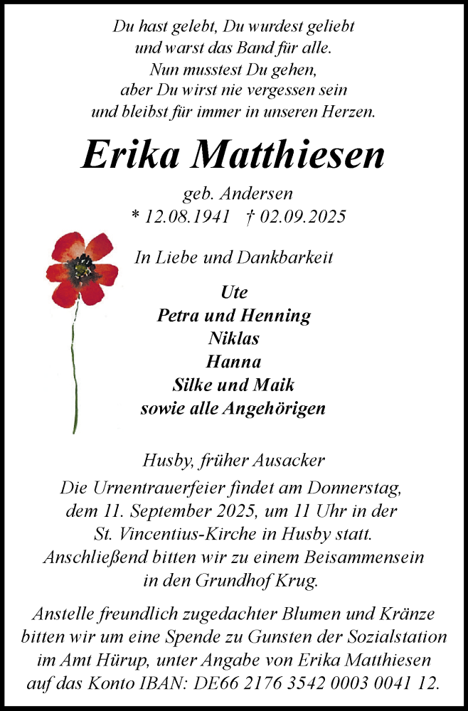  Traueranzeige für Erika Matthiesen vom 06.09.2025 aus Flensburger Tageblatt