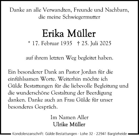 Traueranzeige von Erika Müller von MARKT Ahrensburg/Bargteheide/Trittau und Stormarner Tageblatt