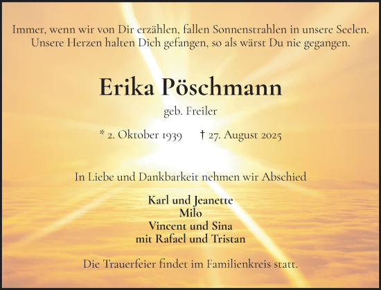 Traueranzeige von Erika Pöschmann von Wedel-Schulauer Tageblatt, tip Wedel-Schulauer Tageblatt, tip Rissener Rundschau