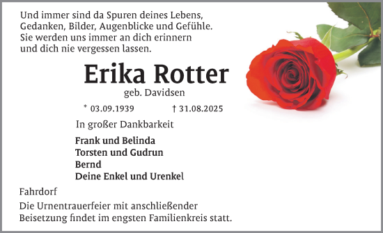 Traueranzeige von Erika Rotter von Schleswiger Nachrichten, Schlei-Bote