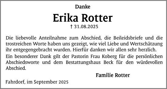 Traueranzeige von Erika Rotter von Schleswiger Nachrichten, Schlei-Bote